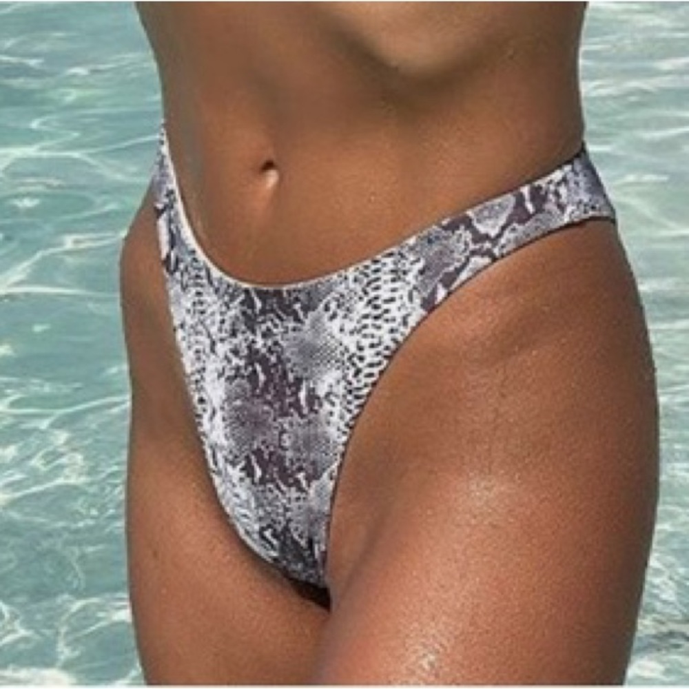 Monday Swimwear Snake Print High-Leg Bikini Bottoms in Gray